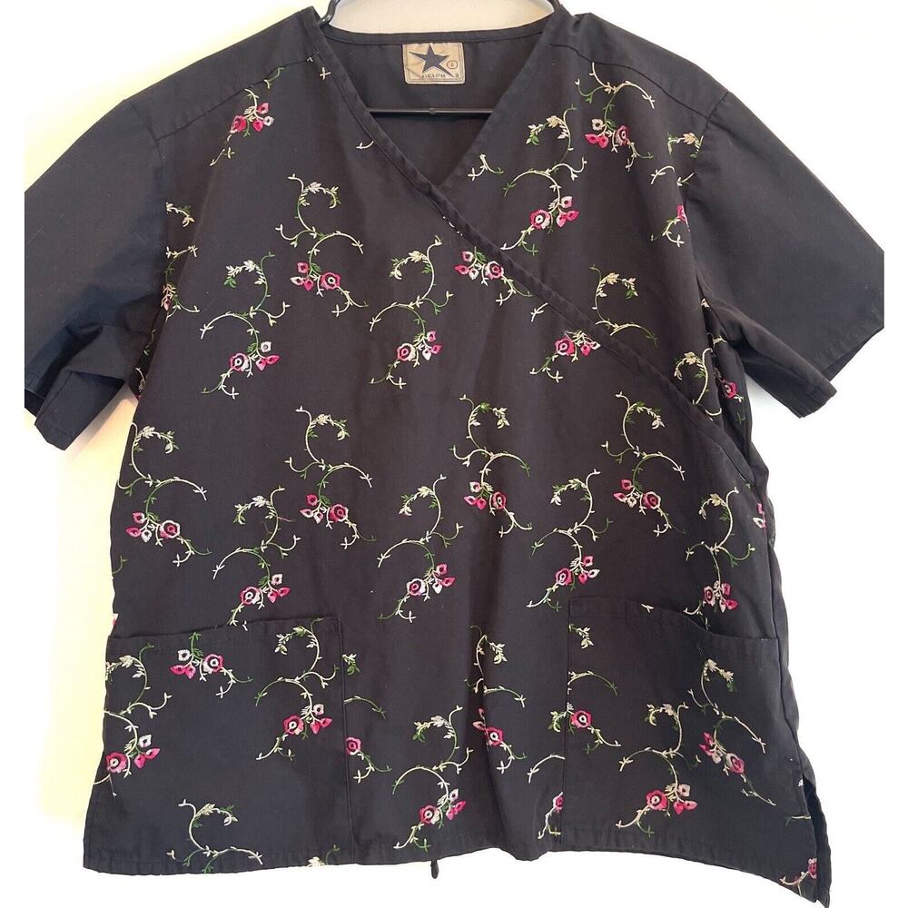 Womens scrub top black with embroidered flowers front pockets short sleeve